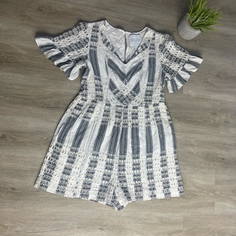 Anthropologie Gray and White Patterned Embroidered Eyelet Romper